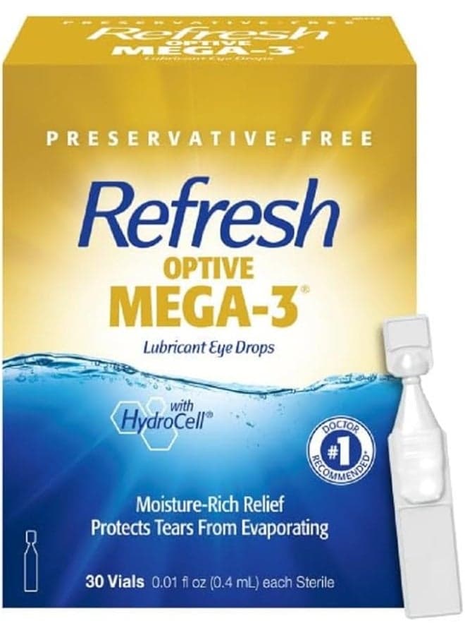 Refresh Optive Mega-3 Lubricant Eye Drops, Preservative-Free, 0.01 Fl Oz Single-Use Containers, 30 Count