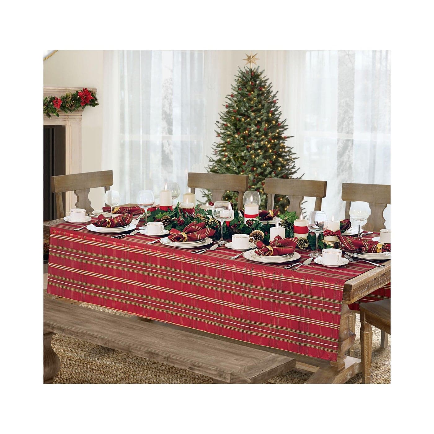 Elrene Home Fashions Shimmering Plaid Holiday Fabric Tablecloth 60 x 120 Red