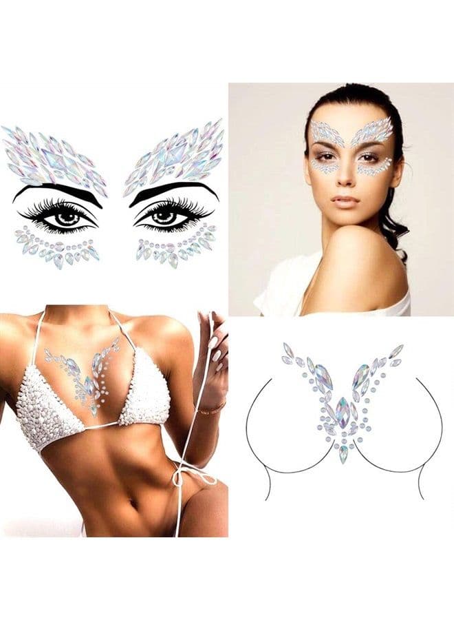 Rhinestone Face Jewels Rave Festival Face Gem Mermaid Chest Gem Crystal Eyes Face Stickers for Women and Girls 2PCS