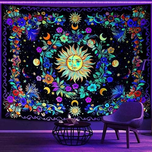 Lifeella Blacklight Sun and Moon Tapestry, Glow in The Dark UV Reactive Wall Decor, Aesthetic Bohemian Tapestries for Bedroom Living Room, Mystic Floral Art 36×48 inches