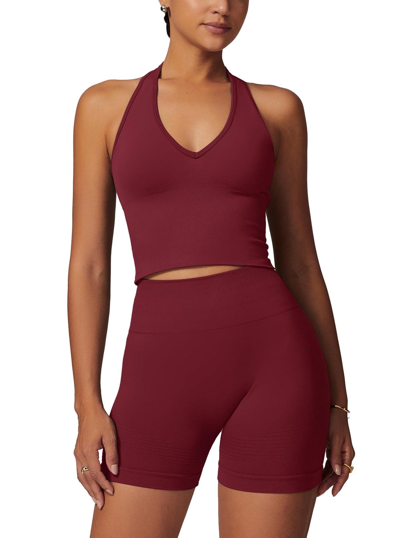 ABOCIW Workout Sets for Women 2 Piece Seamless Halter Cropped Tank Longline Sports Bra Scrunch Butt High Waist Shorts Gym Sets Yoga Pilates Outfits Athletic Work Out Clothes Cherry Red Small