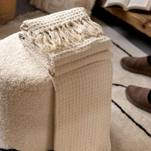 TIB ® Cotton Throw Blanket, 125x150 cm, Throws for Sofa and Couch 3 Seater 120 TC with Fringes, (Beige), TC - 120