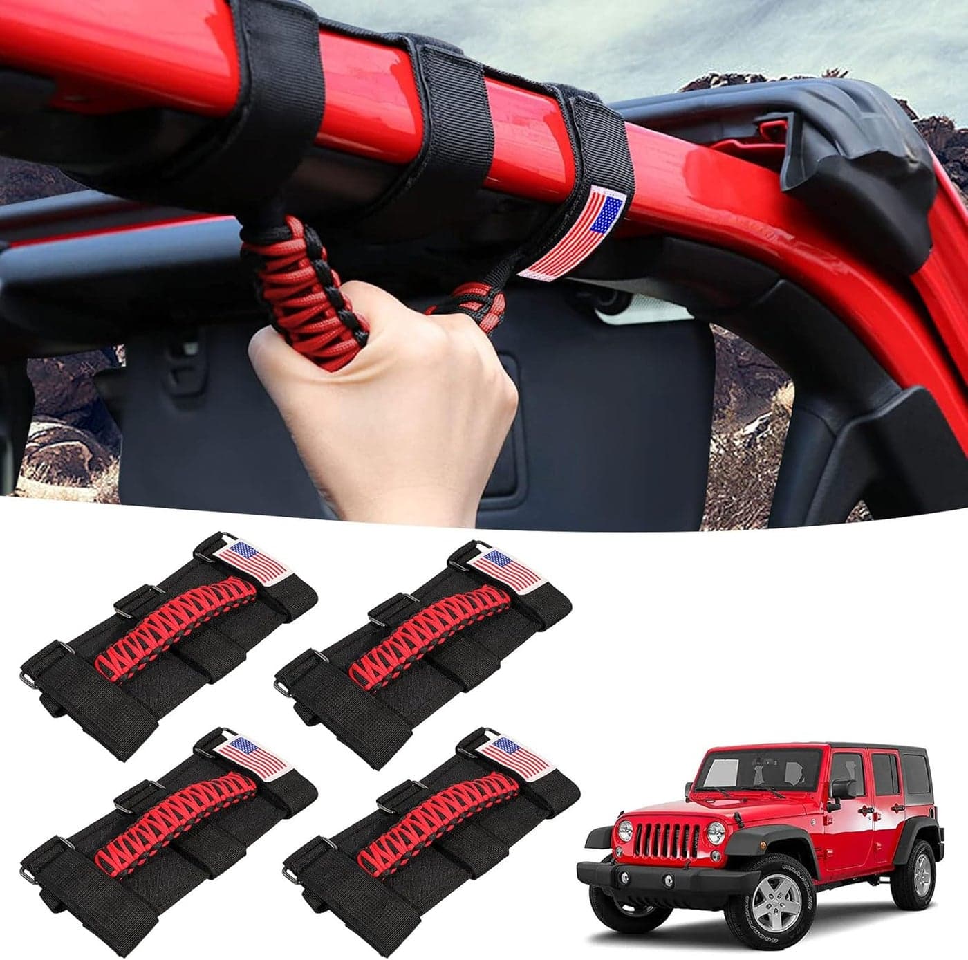 Gaizon 4 Pack Grab Handles Roll Bar Paracord Handgrip Handles with American Flag for Jeep Wrangler YJ TJ JK JL, Gladiator JT 1955-2022 (Red)