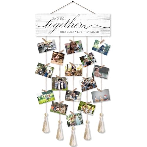 Gwisml Family Picture Frames Collage Wall Decor,Clip Photo Holders for Wall,Wooden Hanging Photo Display with 16 Clips 5 Strings,And So Together They Built A Life They Loved Sign Wall Decor