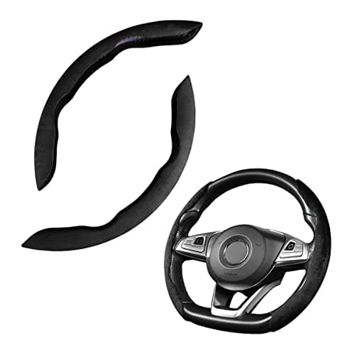 Car Steering Wheel Cover Microfiber Suede Leather and Carbon Fiber Double Sided Design Warm in Winter and Cool in Summer Breathable Non Slip Segmented Protector for Most Cars Turn FurBlack