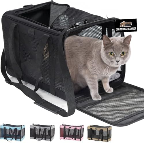 GORILLA GRIP Cat Carrier Travel Bag Up to 15 Lbs Soft Collapsible Small Dog Carriers Top and Side Entry Breathable Mesh Grip Feet on Underside Cozy Washable Waterproof Pad Portable Kennel Black