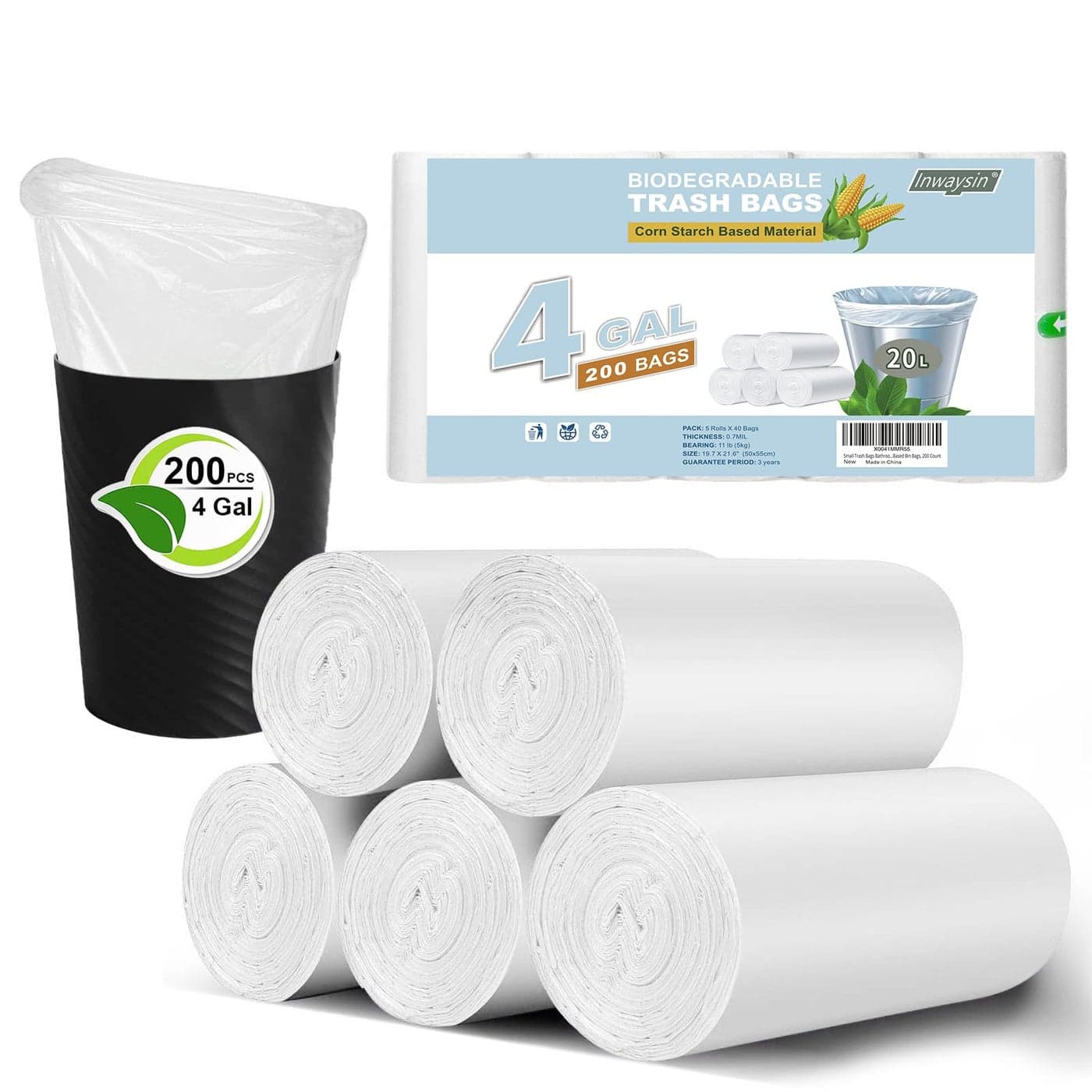 Small Trash Bags Bathroom Garbage Bags 4 Gallon Inwaysin 1520 Liter White Mini Trash Bags Office Waste Basket Liners Compostable Plant Based Bin Bags 200 Count