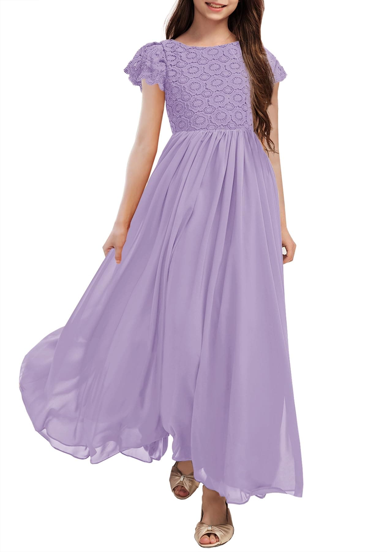 HOSIKA Girls Vintage Floral Lace Chiffon Pleated Maxi First Communion Family Party Dress for Kids 6-12 Years Light Purple