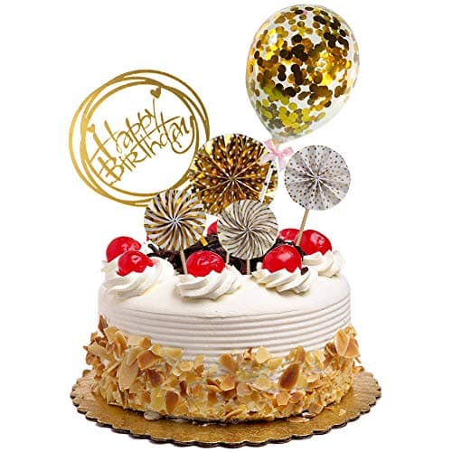 DIYASY Gold Happy Birthday Cake Topper Kit Confetti Balloon Paper Fans Acrylic Cake Toppers for Birthday Cake Decoration 6 Pcs
