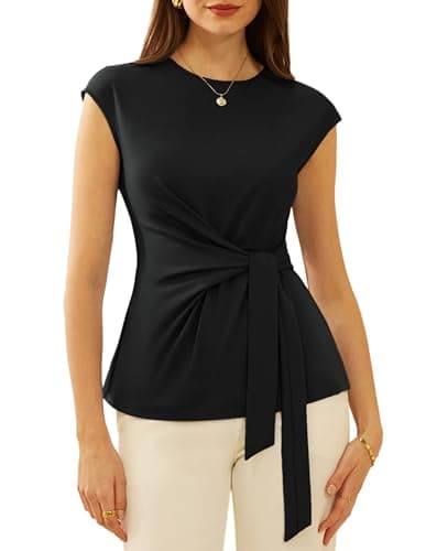 Black Blouses for Women Cap Sleeve Crew Neck Blouse Work Elegant Solid Color Tunic Shirts Dressy Casual Tops Black L