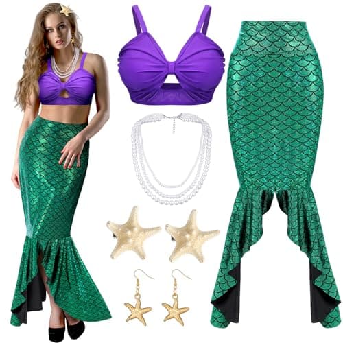 Jiuguva 6 Pcs Halloween Mermaid Costume for Women Sequin Mermaid Tube Top Skirt Starfish Hairpin Earrings Necklace(Large)