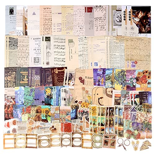 Draupnir 200pcs Vintage Junk Journal Supplies,Scrapbook Supplies Scrapbooking Paper and Stickers Ephemera for Art Aesthetic Journaling Kit Collage(Art)