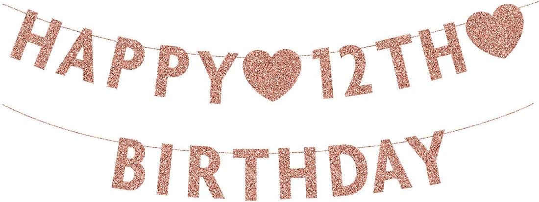Rose Gold 12th Birthday Banner Glitter Happy 12 Years Old Boy or Girl Party Decorations Supplies