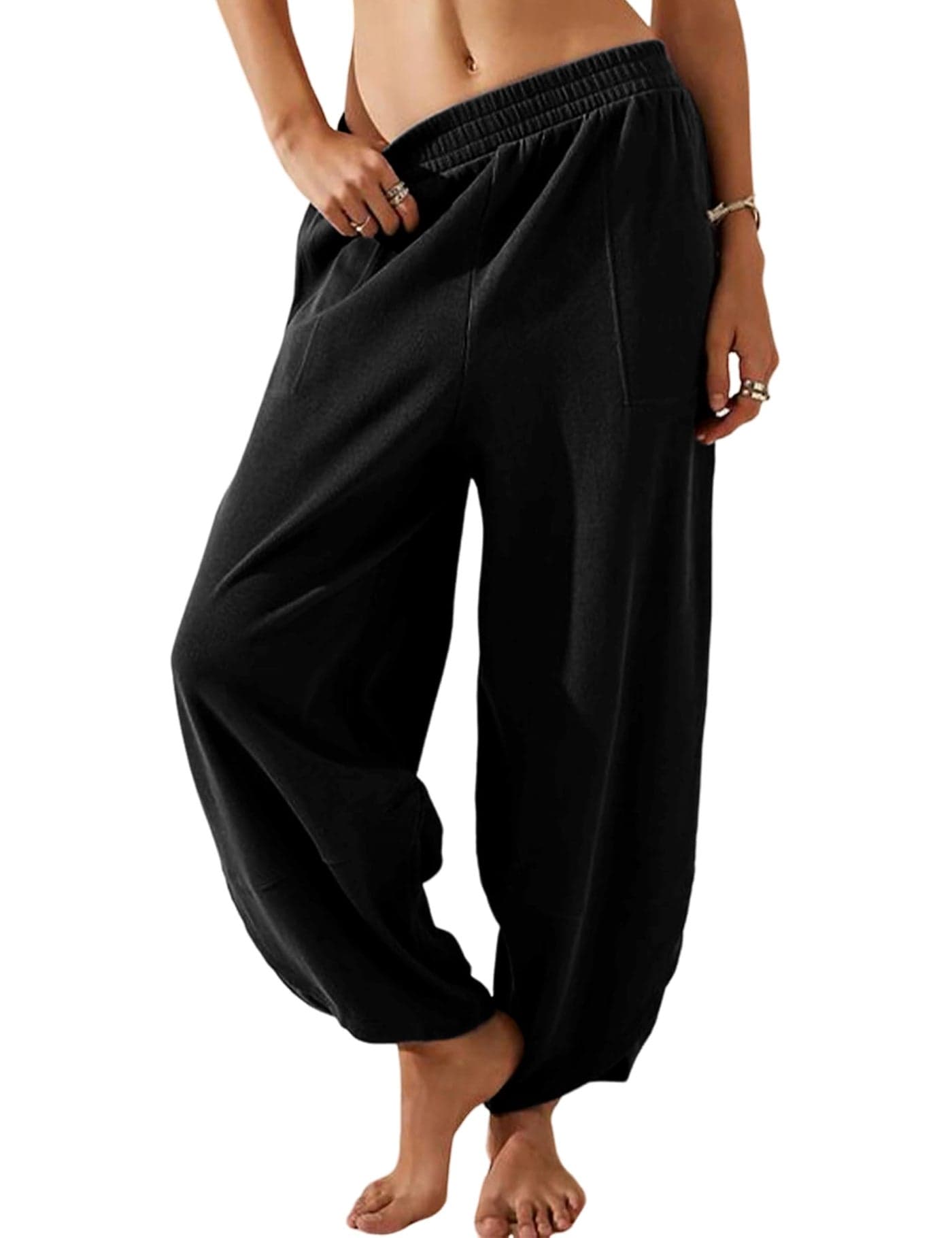 Himosyber Women Cotton Pants Wide Leg Pants Casual Loose Baggy Elastic Waist Beach Palazzo Harem Pants (Black-M)