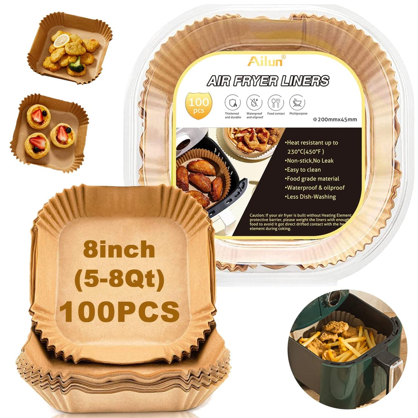 Ailun Air Fryer Paper Liners 8inch 100PCS NonStick Parchment PaperOil ResistantDisposable Food Grade Free of Bleach Paper Square for 58 QT Air Fryer Baking Roasting Microwave