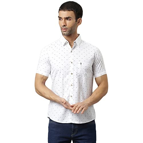Thomas Scott Men's Printed Slim Fit 100% Cotton Casual Shirt with Half Sleeve Pure White