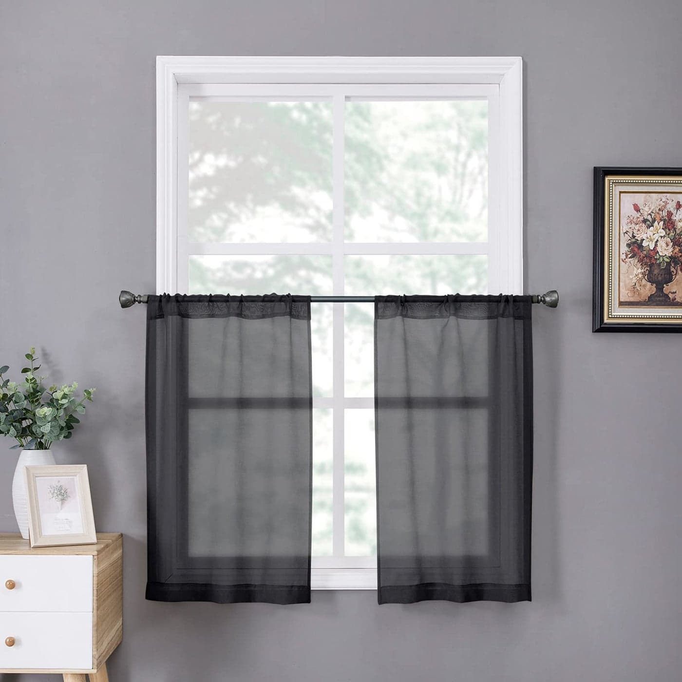 Tollpiz Sheer Tier Curtain Linen Textured Half Kitchen Curtains Sheer Light Filtering Rod Pocket Voile Small Curtains for Bathroom 25 x 36 inches Long Black Set of 2 Panels
