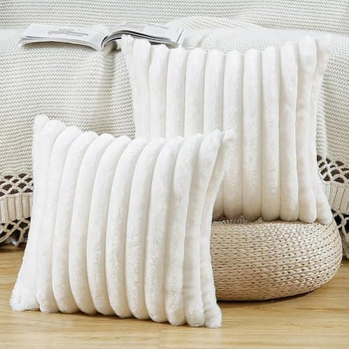AEROHAVEN™ Premium Faux Rabbit Fur Plush Luxury Soft Fluffy Striped Decorative Throw Pillow/Cushion Covers for Sofa, Couch, Living Room - CC283 - (2, Cream White, 18 x 18 Inch)