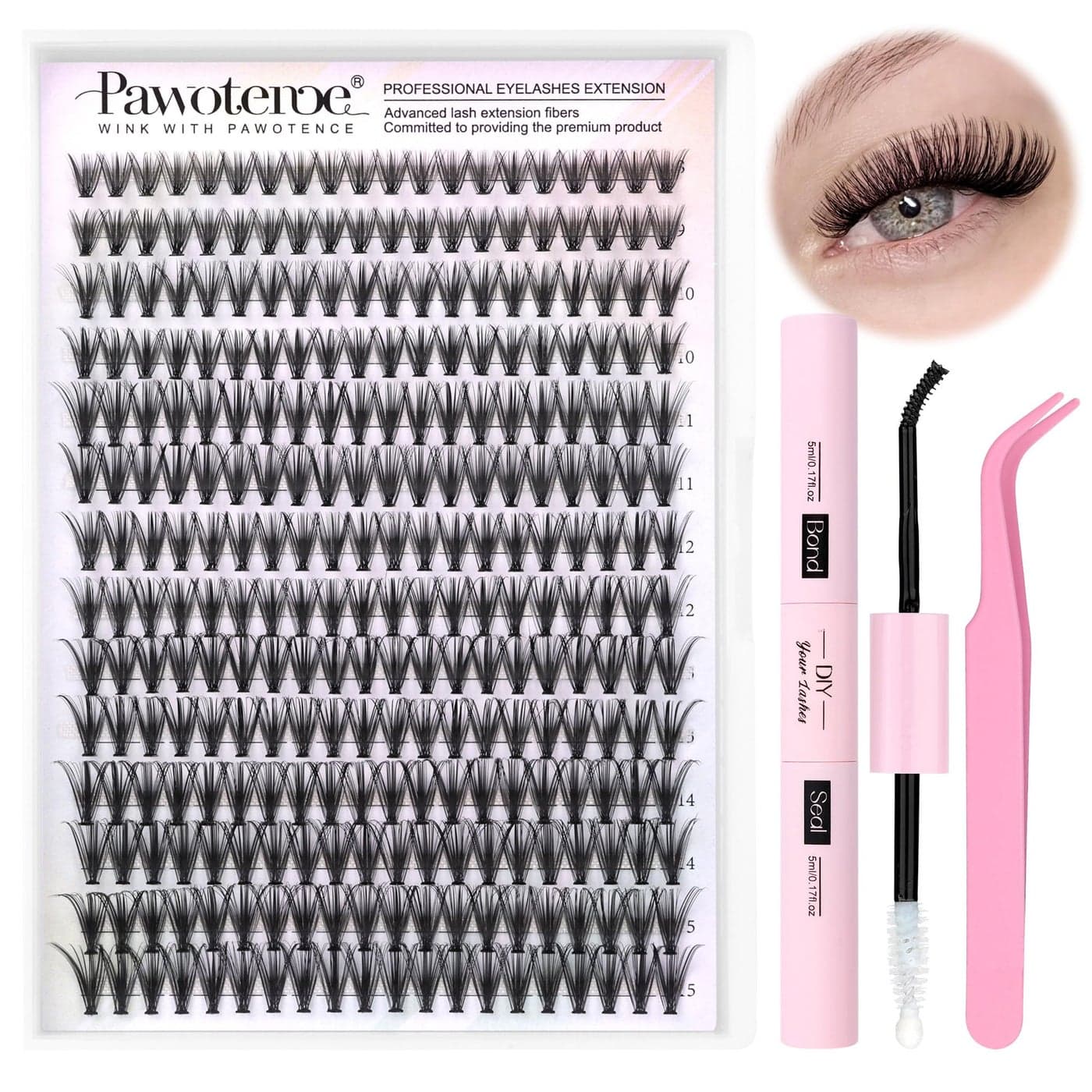 Pawotence Lash Extension Kit DIY 280pcs Individual Lash Clusters Kit 30D Natural 815mm Cluster Eyelash Extensions Kit with Lash Bond and Seal Lash Tweezers for Self Use 30D 007D 815mm Kit