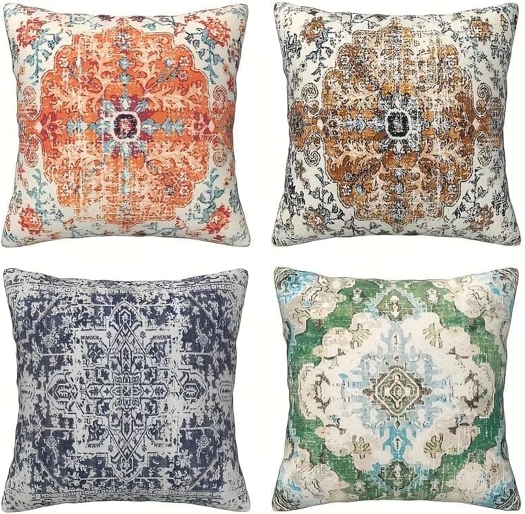 KOBERR 4pcs Orange Blue Ethnic Boho Pillow Covers, Vintage Rust Coral Floral Decorative Pillow Cases for Living Room Bedroom Bed Cushion Outdoor Home Decor, 18x18 Pillows Linen Pillowcase