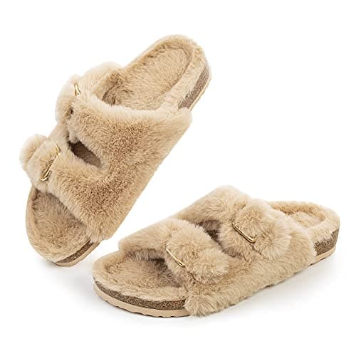 FITORY Womens Open Toe Slipper with Cozy Lining,Faux Rabbit Fur Cork Slide Sandals Size 9