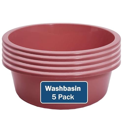 Plastic Wash Basin 5 Pack of 5 Liter Round Plastic Tub with Rolled Rim Good for Washing Veggies Laundry and Hands and Feet Good for Hospitals Nursing Homes and Medical Facilities