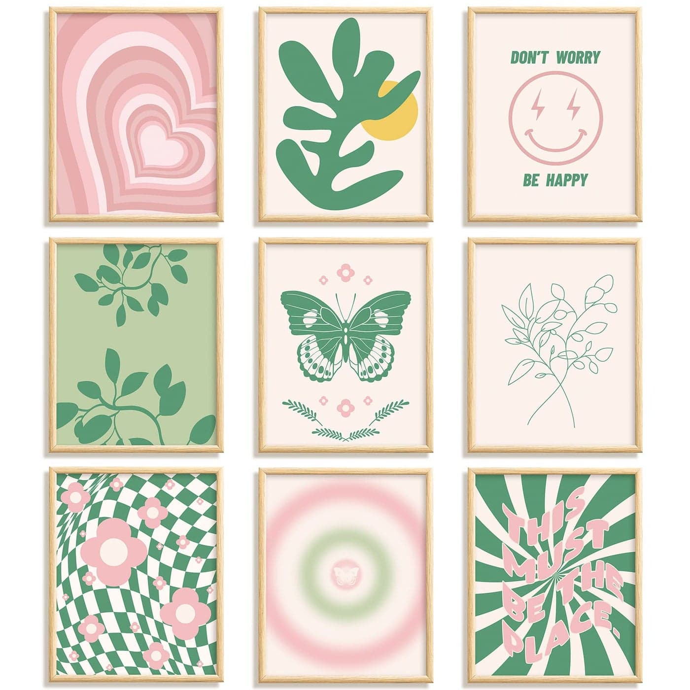 Fainne 9 Pieces Aesthetic Danish Pastel Room Decor Wall Decor Abstract Home Wall Art Decorations for Living Room Bedroom Decorations 8 x 10 Inches Unframed Green and Pink Style