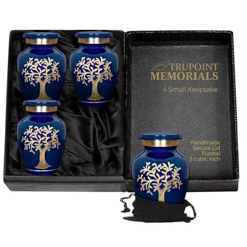 Trupoint Memorials Small Urns for Human Ashes Keepsake, Tree of Life Decorative Mini Cremation Urn for Adult Men & Women, Set of 4, Blue