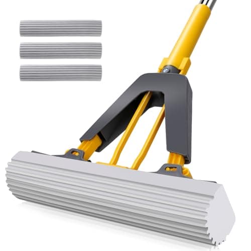 Masthome Sponge Mop,Roller Sponge Mop with 3 Absorbent PVA Mop Refills,Self Squeeze Sponge Mops and Stainless Steel Handle,PVA Sponge Mops for Floor Cleaning