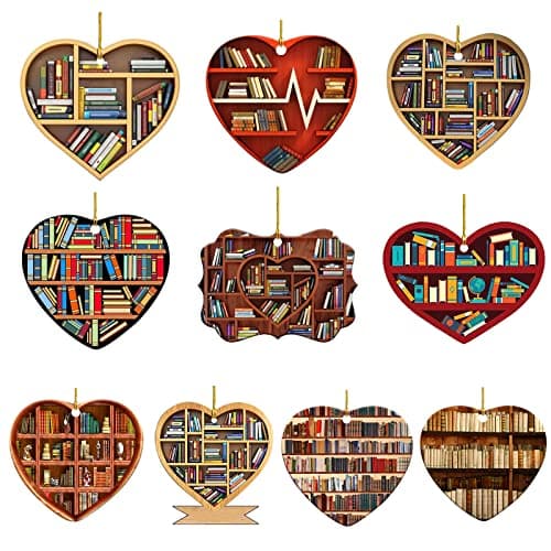DD-life 10 Pcs Book Lovers Heart Librarian,Books Stacked,Bookshelf Decor,Library,Librarian Christmas Ornament