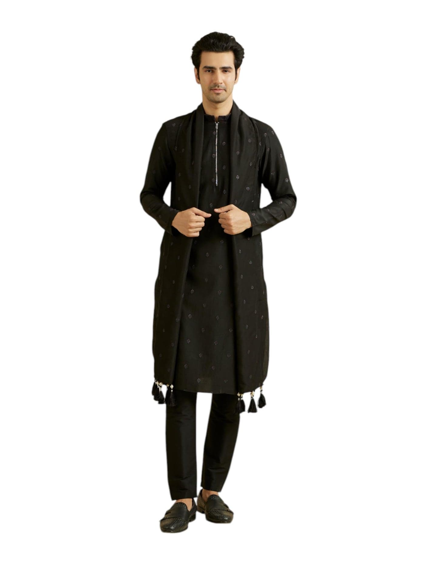 Manyavar Men's Art Silk Zip Style Neck Kurta Set with Dupatta (Black,L)