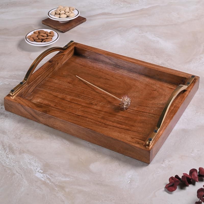 Greetwood Wooden Serving Tray with Stylish Handles — 15 Inch Rectangular Wooden Tray for Coffee Table, Kitchen, Breakfast & Home Decor | Multipurpose Organizer & Gift (Brass Finished Metal Handle)