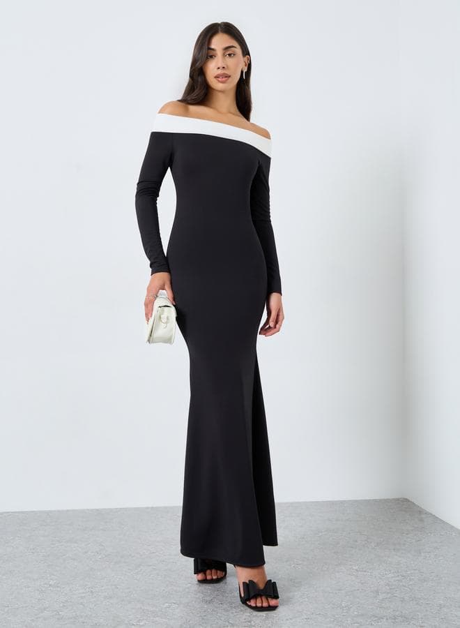 Styli Black Off Shoulder Neck Mermaid Hem Maxi Dress