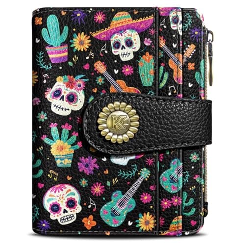 Kelvoris Skull Small Rfid Women Wallet Bifold Zipper Coin Pocket PU Leather Compact Cash Credit Card Holder Travel Wallet for Female Ladies Teen Girls 1 ID Window 10 Card Slots Day of The Dead