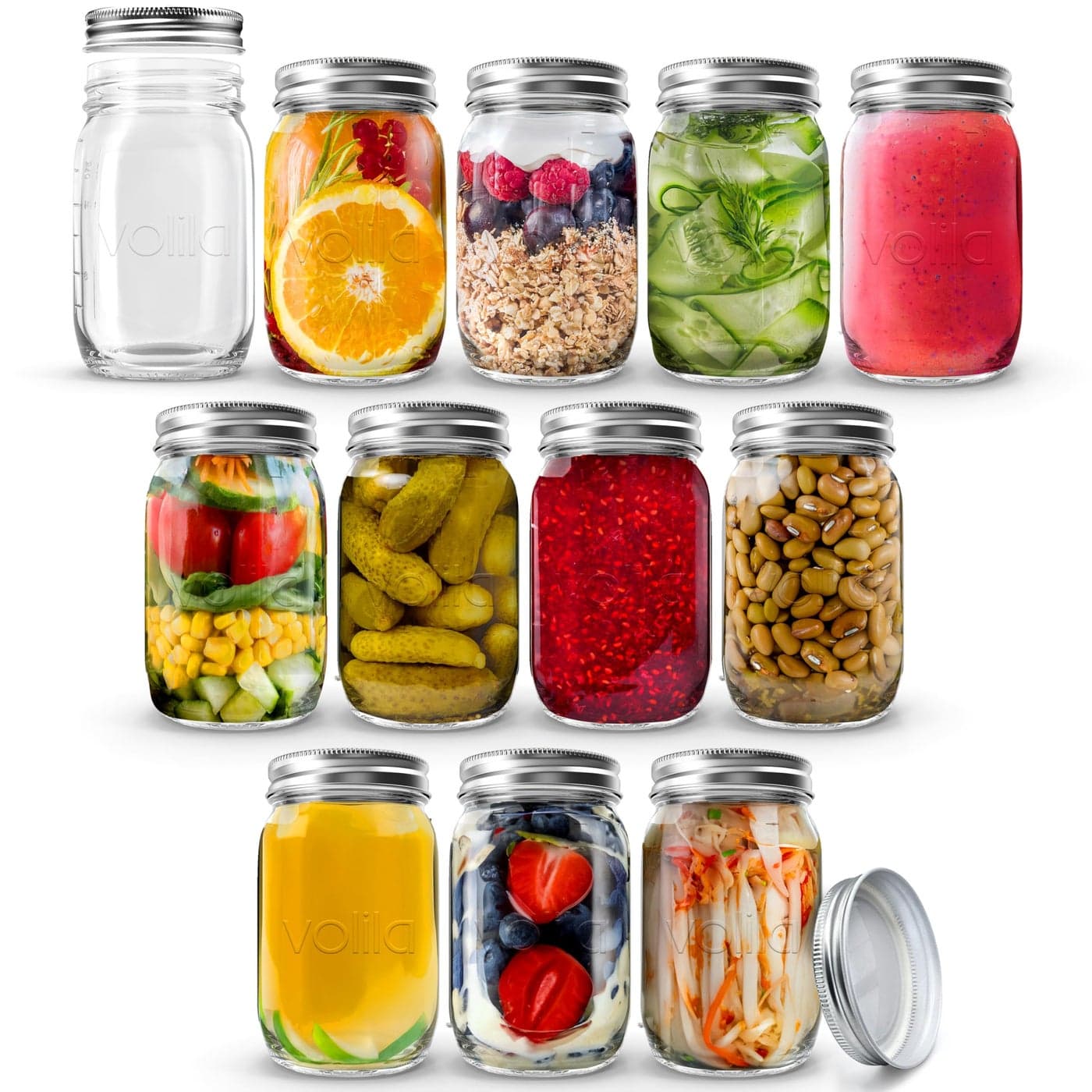 volila Glass Mason Jars with Lids 490ml Leakproof Glass Jars with Lids for Airtight Seal Overnight Oats Round Mason Jar with Silver Screw Lid for Salad Pickling and Canning 12 Pack