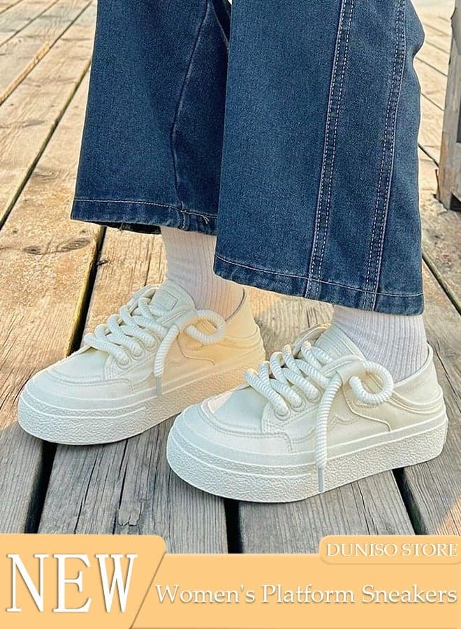 Women's Platform Sneakers Low Top Walking Shoes for Lady Comfortable Lace Up Fashion Casual Canvas Shoes for Indoor Outdoor Travel Work
