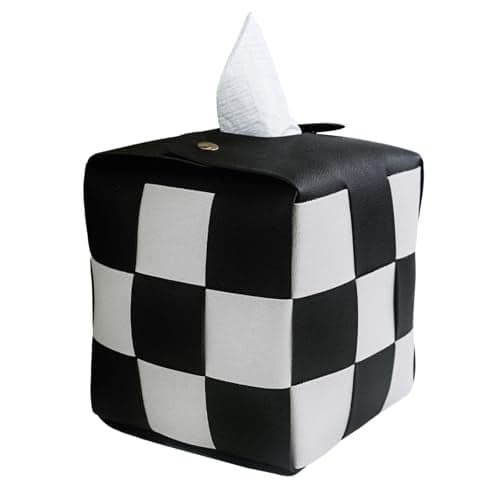 MSJGA Tissue Box Cover, Square PU Leather Tissue Box Holder with Metal Buckle, Checkered Tissue Box, Decorative Organizer for Bedroom, Vanity Desk, Nightstand, Bathroom, Office (Black)