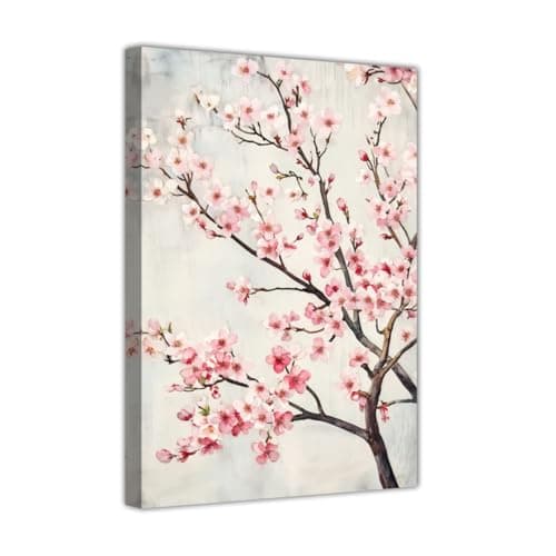 CHAOSETKEN Cherry Blossom Canvas Wall Art Pink Flowers and Moon Paintings Cherry Pictures Prints Nature Landscape Artwork for Home Decor (Pink,18" L x 12" W)