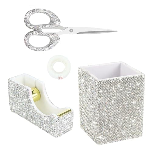 MultiBey Bling Desk Accessories Set Rhinestone Sparkly Office Supplies with Pen Holder Tape Dispenser Scissors Luxury 3Piece Crystal Stationery Organizer for Women Silver