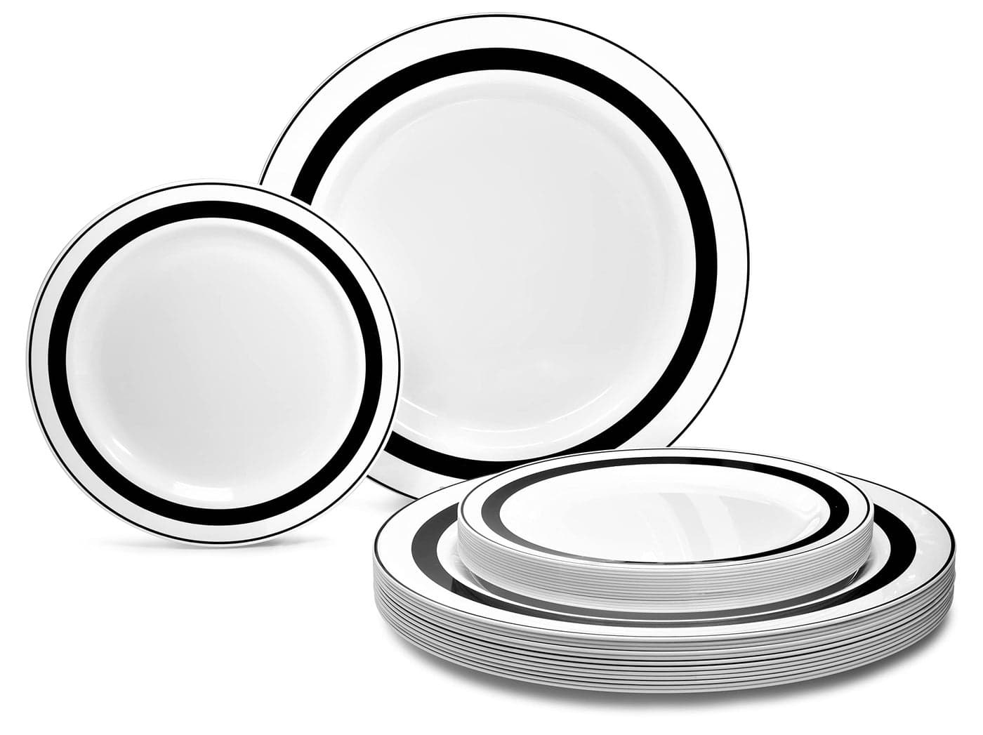 OCCASIONS 50 Plates Pack 25 GuestsHeavyweight Wedding Party Disposable Plastic Plate Set 25 x 105 Dinner 25 x 75 SaladDessert plates Soleil White Black