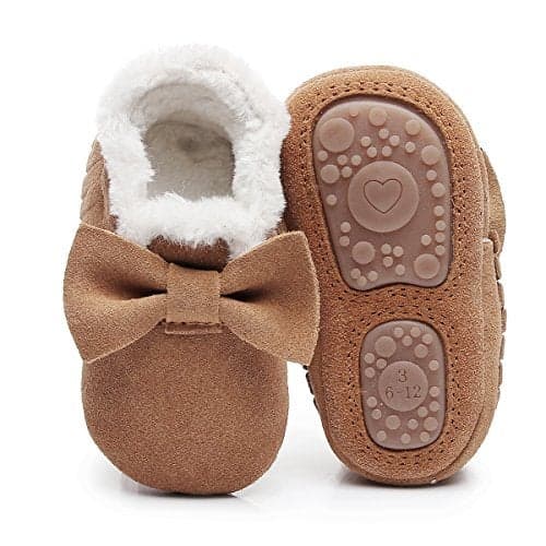 HONGTEYA Baby Moccasins With Fur Fleece Rubber Soles Warm Snow Boots Leather Baby Shoes For Boys Girls (12-18m/5.31", Bow-brown)