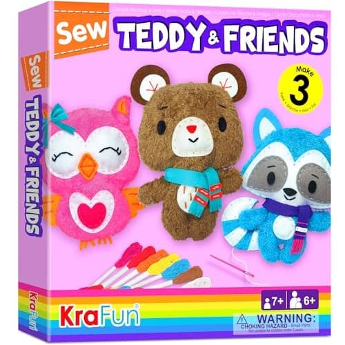 KRAFUN Sewing Kit for Kids Age 7 8 9 10 11 12 Beginner My First Art Craft Includes 3 Stuffed Animal Dolls Teddy Raccoon and Owl Instructions Plush Felt Materials for Learn to Sew Embroidery