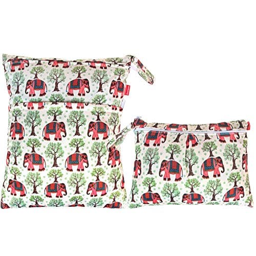 Damero 2pcs Travel Wet and Dry Bag, Reusable Wet Bags Organizer with Two Zippered Pocket for Cloth Diaper, Pumping Parts, Swimsuit and Gym, Elephants
