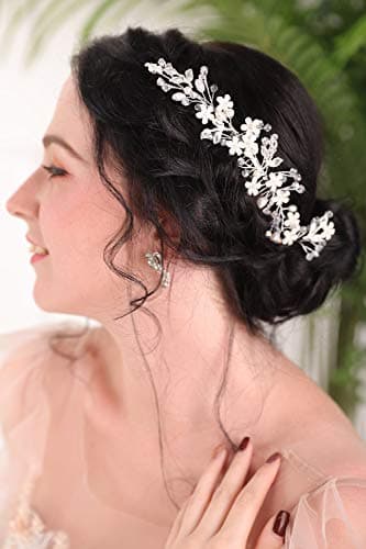 FXmimor Wedding Cream White Flower Rhinestone Crystal Pearl Comb Silver Hair Accessory Hair Comb with Hand Painted Leaf Bridal Headpiece Vintage Comb Barrette for Women and Girls(Silver)