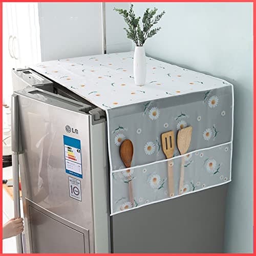 wolpin Fridge Cover 1Pc for Top Double Door (65 x 170 CM) | Designer Printed Cloth with Utility Pockets | Dustproof Refrigerator Top Cover for Home Kitchen Décor | Easy to Clean Fabric Organiser