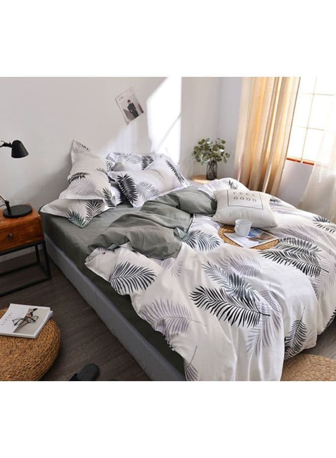 4-Piece Leaf Printed Bedding Set Combination White/Grey/Blue Quilt Cover 150x200 cm, Pillow 48x74 Fitted Sheet 180x220cm