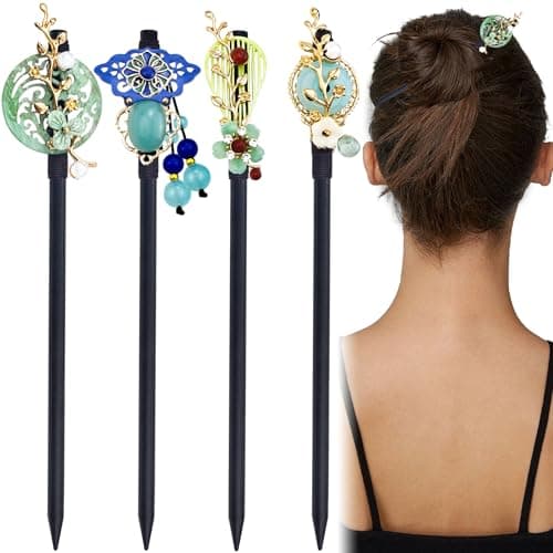 4 PACK Japanese Chinese Wooden Hair Stick, Hairpin with 4 Different Flower Styles, Retro Wooden Hair Accessories for Women Girls (Style 3)