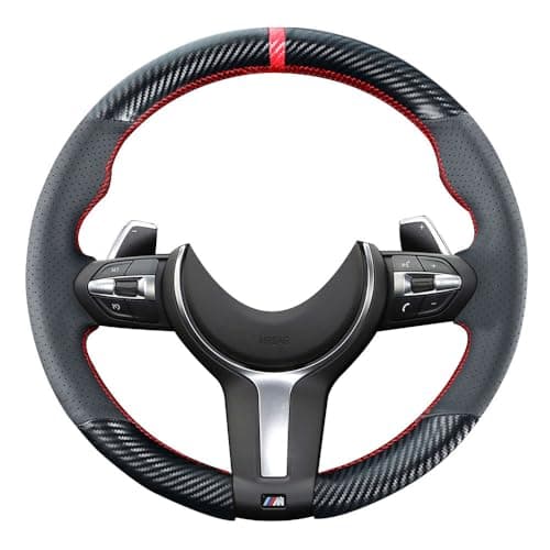 Kivnto DIY Stitching Carbon Fiber Steering Wheel Cover for BMW M3 M4 M5 M6 M240i X2 M35i X5 M X6 M M2 2014-2017/3 Series F30 F10 M Sport Black 15 inches Leather Interior Accessories
