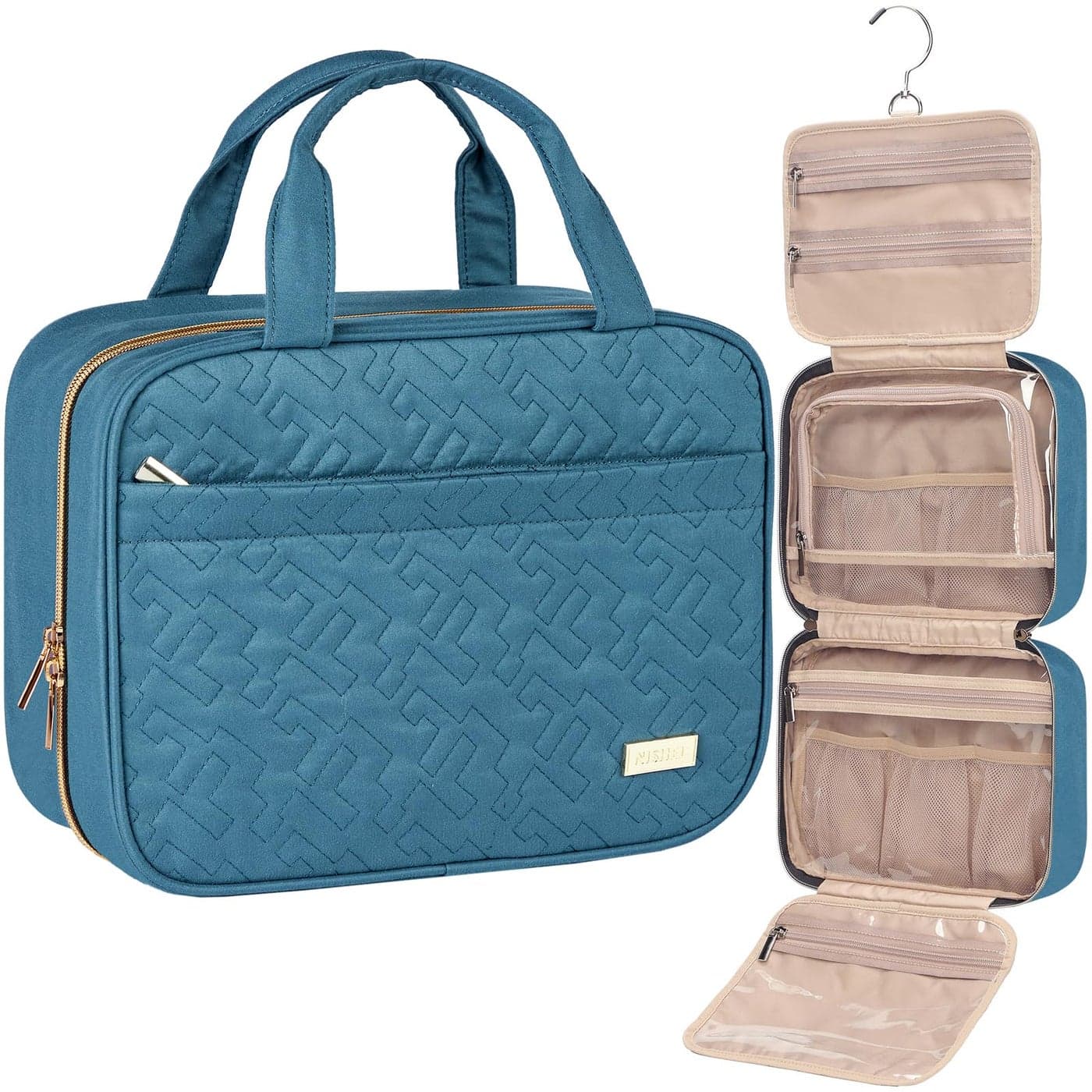 NISHEL Travel Toiletry Bag for women Portable Hanging Organizer for TravelSized Shampoo Conditioner Brushes Set Makeup Accessories Medium Size LakeBlue