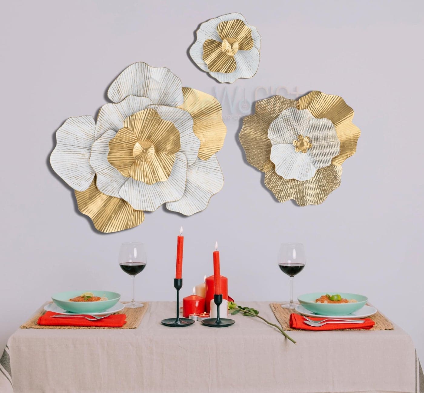 DeWoGift White & Gold Floral Metal Wall Art Set of 3 | Wall Décor for Living Room Bedroom Office Hotel or Restaurant | Premium Handcrafted Wall Sculpture Decoration